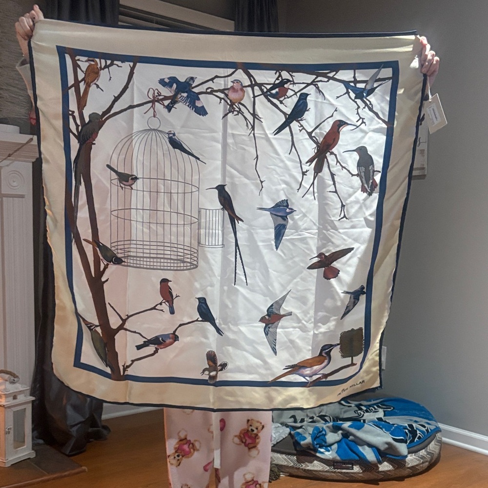 Peter Millar Bird Cage Print Scarf in Cream and Blue